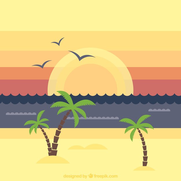 Beach landscape background with palm trees at sunset