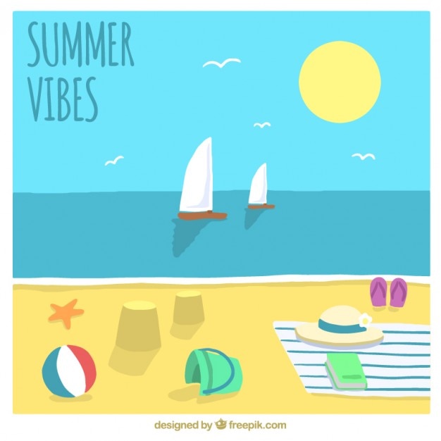 Free Vector beach landscape with boats and summer accessories