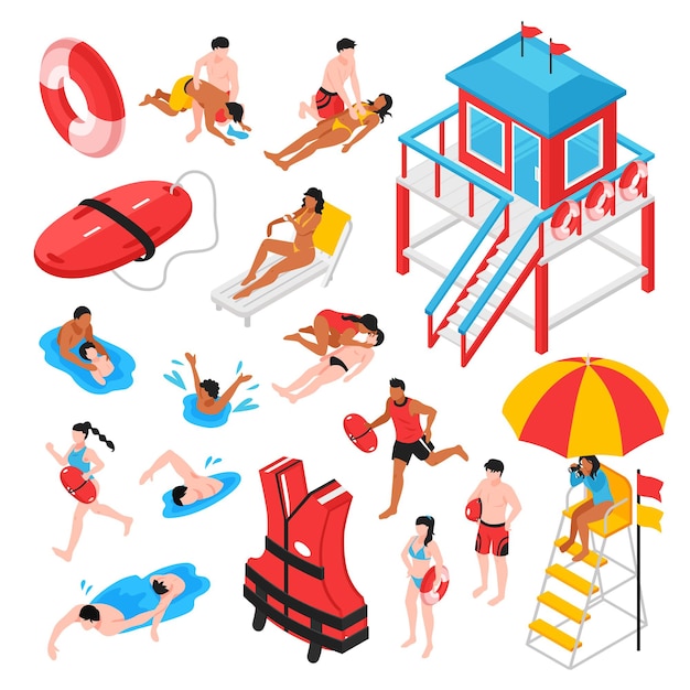 Beach lifeguard isometric set of lifeguard station rescue inventory and savers performing artificial respiration isolated