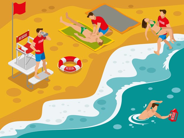 Beach lifeguards isometric composition with professional rescue team working with tourists caught in dangerous situation