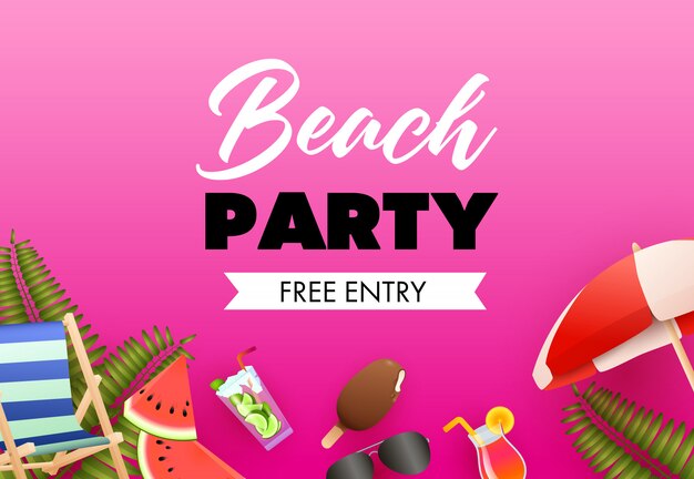 Beach party colorful poster design. Ice cream, cocktail