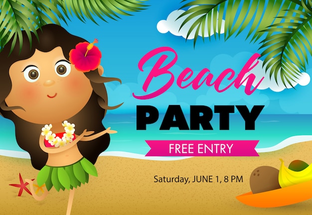 Free Vector beach party flyer design. hawaiian girl dancing