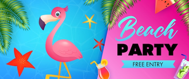 Free vector beach party, free entry lettering with cute flamingo