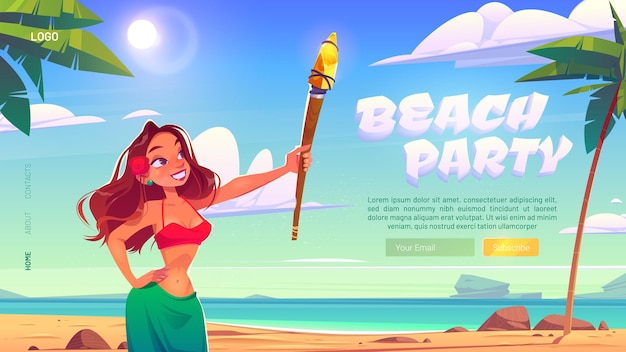 Beach party landing page with woman holding a torch