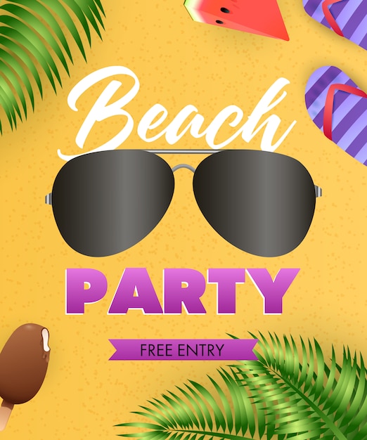 Beach Party lettering, sunglasses, flip flops, tropical leaves