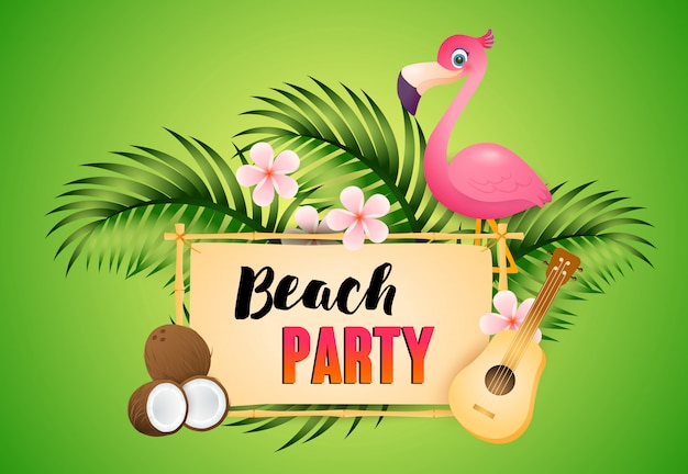 Free vector beach party lettering with flamingo, ukulele and coconut