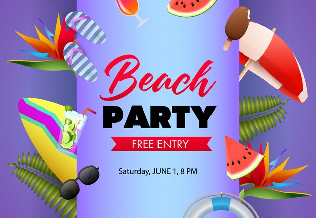 Beach party poster design. Flip-flops, watermelon