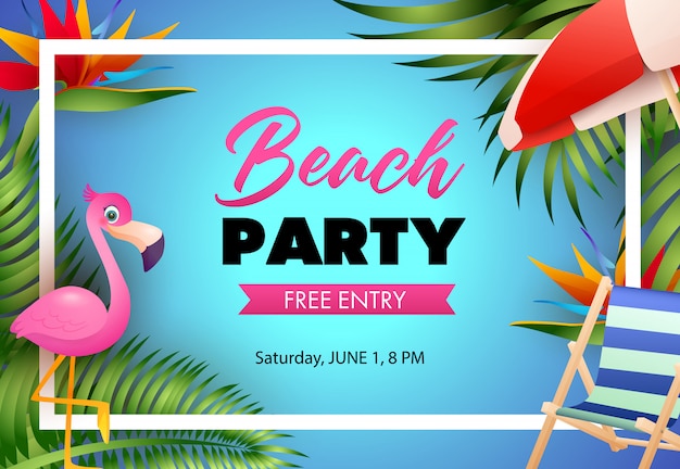 Free vector beach party poster design. pink flamingo, beach chair