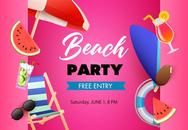 Beach party poster design. Watermelon, cocktail