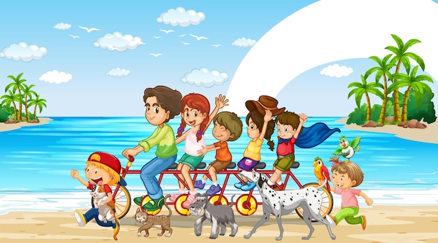 Beach scene with happy family riding a bicycle together