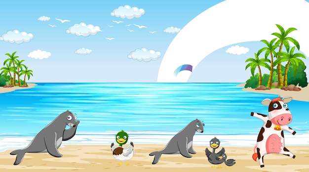 Beach scene with seals and ducks