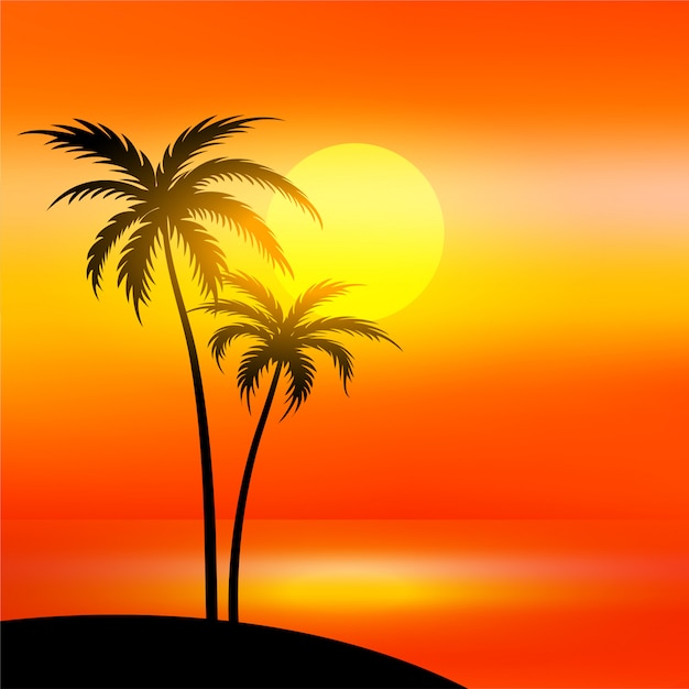 Beach scene with sunset and palm tree