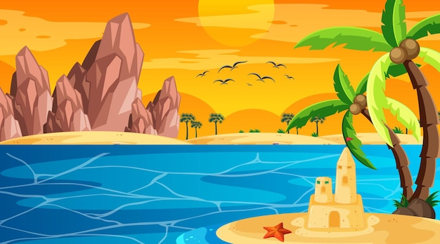 Free vector beach at sunset time landscape scene with sand castle