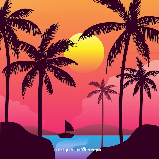 Free Vector beach sunset with palm silhouettes background