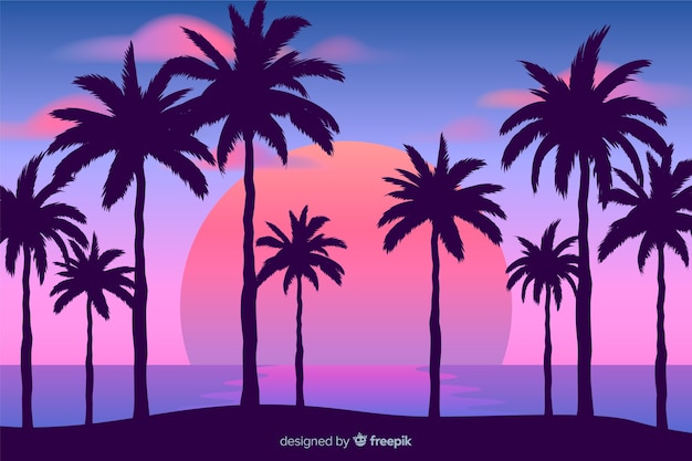 Free Vector beach sunset with palm silhouettes 