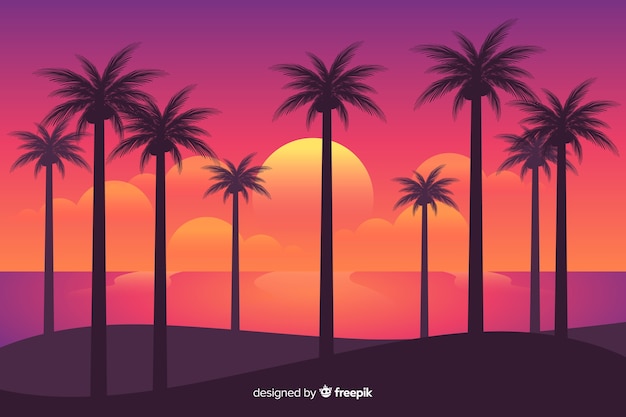 Free Vector beach sunset with palm silhouettes 