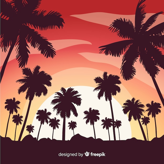 Free Vector beach sunset with palm silhouettes