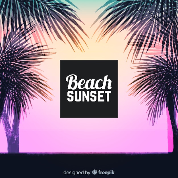 Free vector beach sunset with palm silhouettes