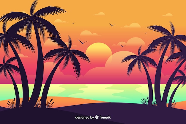 Free Vector beach sunset with palm silhouettes