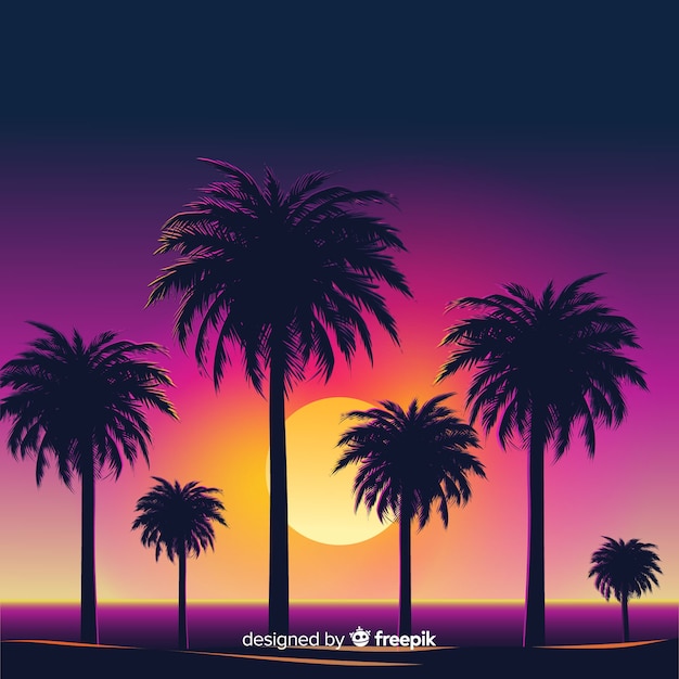 Free Vector beach sunset with palm silhouettes