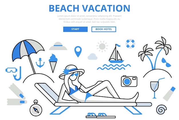 Free Vector beach vacation tropical island travel resort lounge hotel booking concept flat line art  icon.