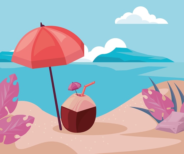 Free Vector beach with umbrella and coconut scene