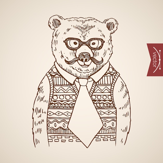 Free vector bear businessmen portrait hipster style human clothes accessory wearing pullover glasses tie.