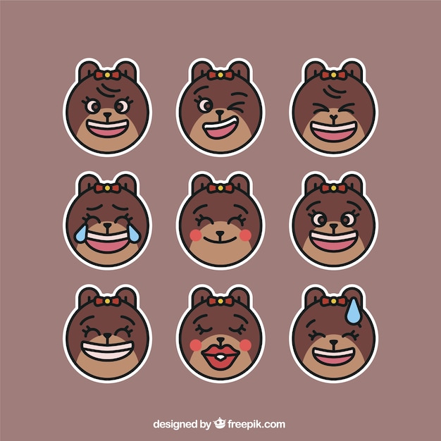 Free Vector bear emojis with funny faces and decorative bow