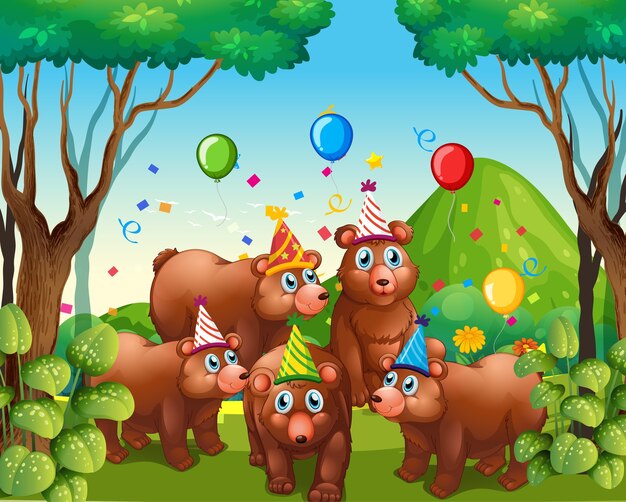 Bear group in party theme cartoon character on forest