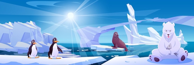 Free vector bear on iceberg near penguin and seal arctic landscape frozen ice in winter with animal background cold icy ocean water near frost mountain fantasy game scene cartoon illustration of sunny day