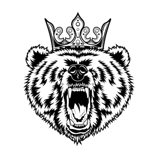 Free vector bear king vector illustration. head of angry roaring animal with royal crown