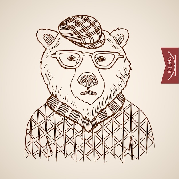 Free vector bear portrait hipster style human clothes accessory wearing pullover glasses hat.