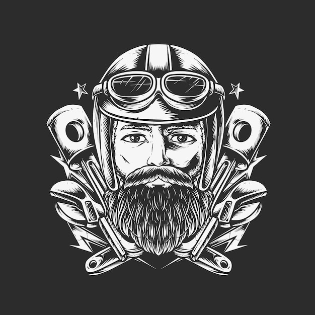 Bearded biker illustration for clothing merchandise