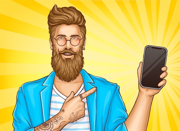 Bearded hipster with tattoos point on smartphone