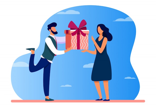 Free Vector bearded man giving gift to surprised woman