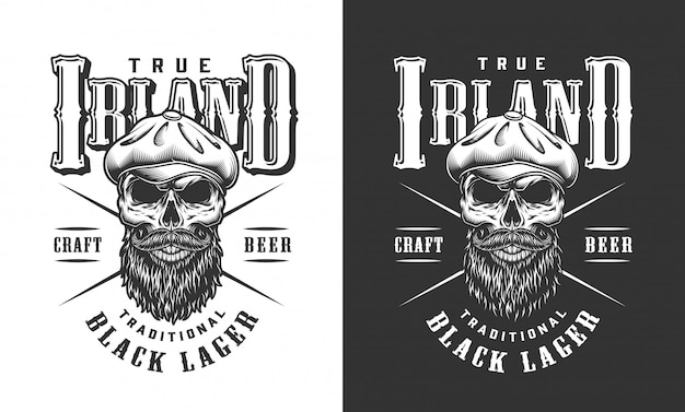 Free Vector bearded and mustached irish skull label