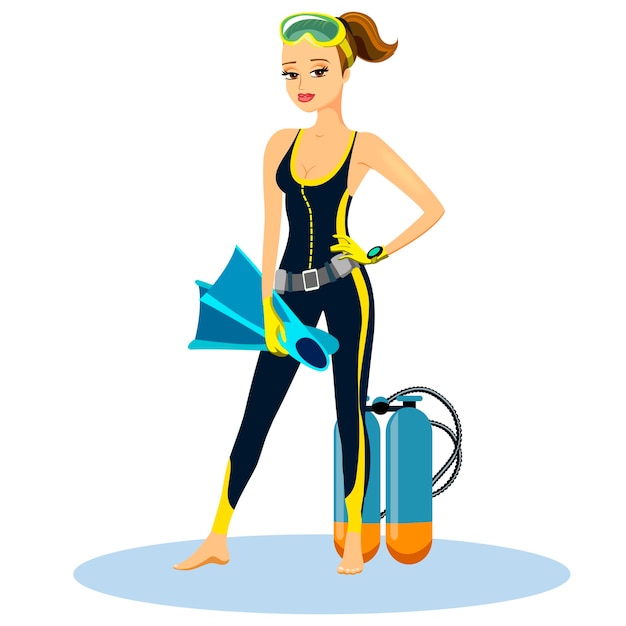 Beautiful athletic young scuba diver wearing a wetsuit with flippers and an aqualung