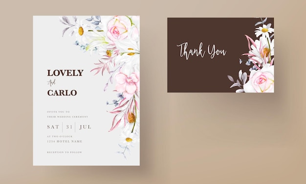 beautiful blooming flower and leaves watercolor wedding invitation card