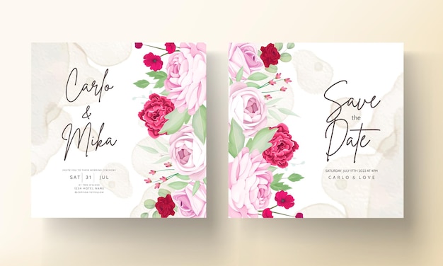 beautiful blooming rose and peony flower wedding invitation card