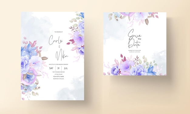 Beautiful blue and purple floral and leaves wedding invitation card design