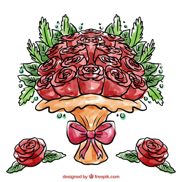 Free Vector beautiful bouquet of roses painted with watercolors