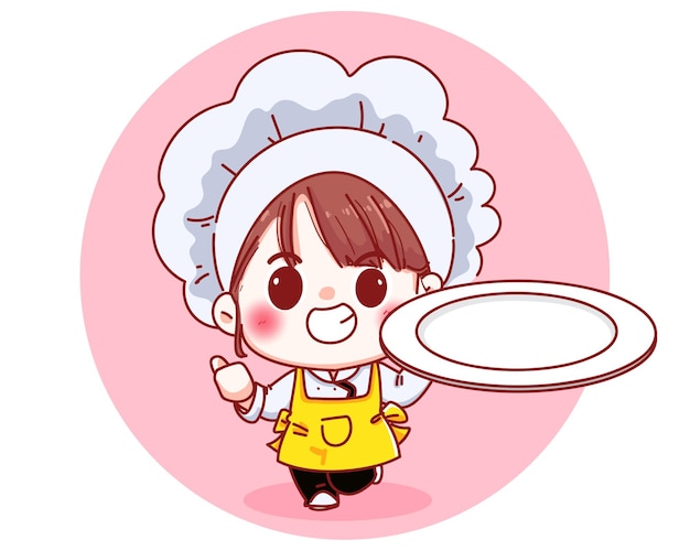 Free Vector beautiful chef girl holding an empty plate cartoon illustration