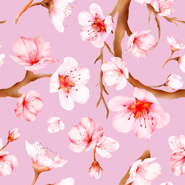 Free Vector beautiful cherry blossom watercolor floral seamless pattern