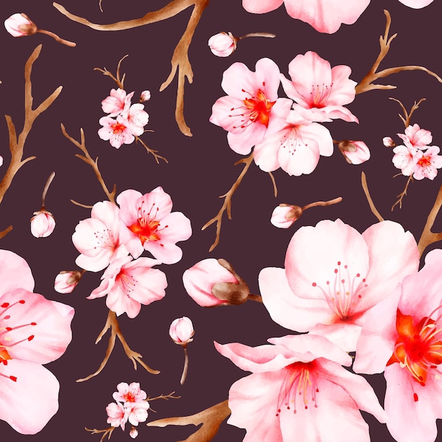 Free Vector beautiful cherry blossom watercolor floral seamless pattern