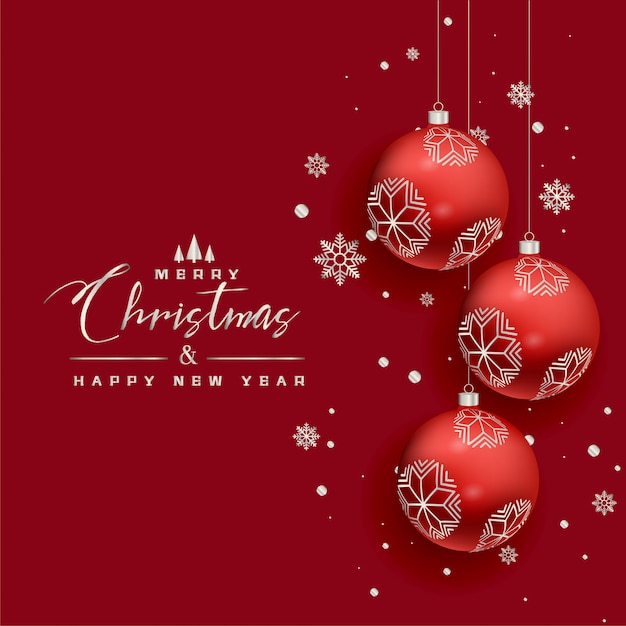 Beautiful christmas balls snowflakes red greeting background