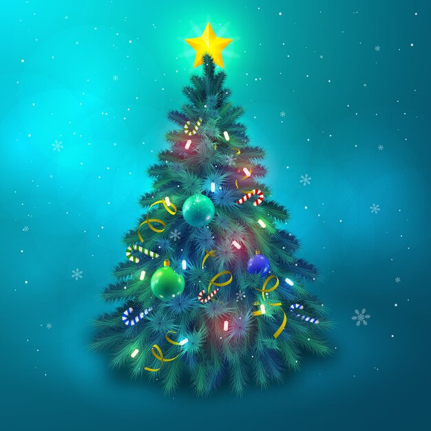 Beautiful christmas tree decorated with star baubles and lights background flat vector illustration