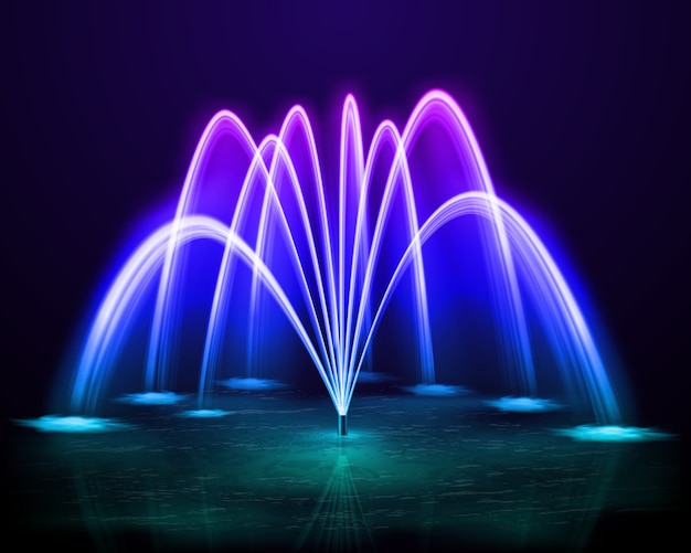 Free vector beautiful colorful dancing outdoor water jet fountain at dark night background design realistic