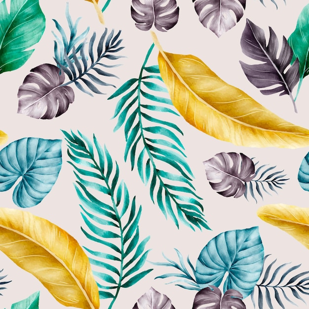 Free vector beautiful colorful tropical leaves watercolor seamless pattern