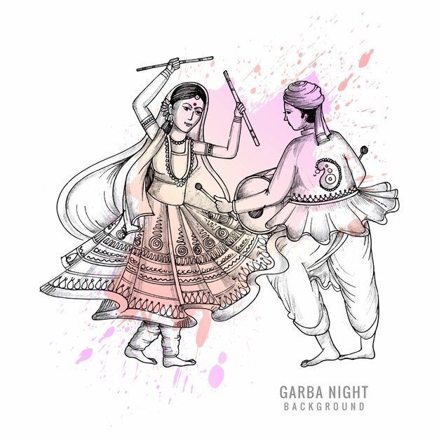 Beautiful couple playing dandiya in disco garba night sketch background