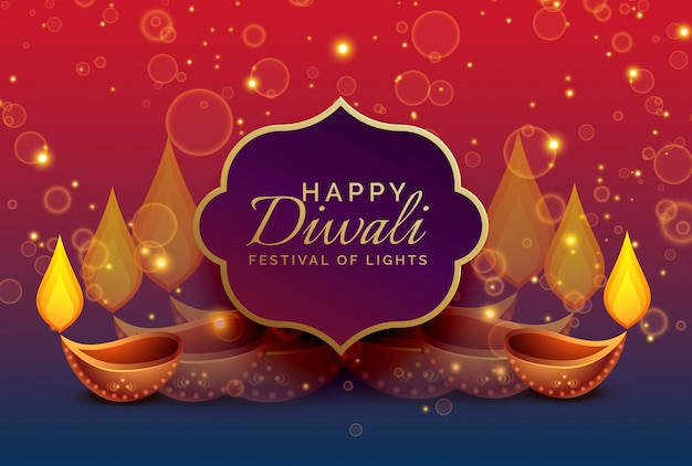 Free Vector beautiful diwali greeting background with diya and sparkles